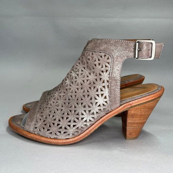 Trask Parker Sandals Women's 7 Pewter Suede Perforated Heeled Slingback Heels - Picture 4 of 11
